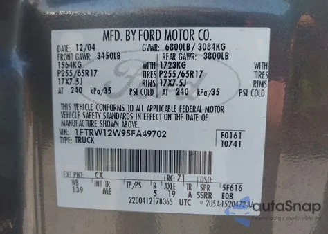 2005 Ford F-150 Xlt from USA, damaged, VIN 1FTRW12W95FA49702